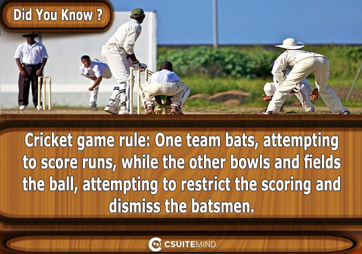 Cricket game rule: One team bats, attempting to score runs, while the other bowls and fields the ball, attempting to restrict the scoring and dismiss the batsmen. 