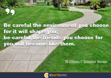 Be careful the environment you choose for it will shape you; be careful the friends you choose for you will become like them. 